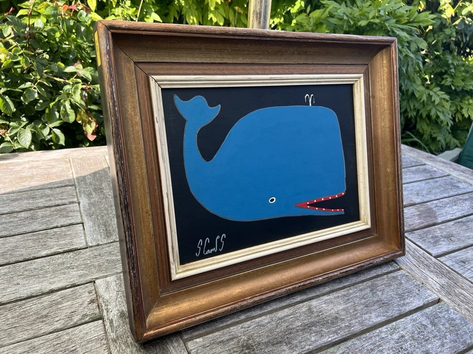 Steve Camps Oil Painting BIG Blue Whale Signed Naive Folk Art Coastal Naive